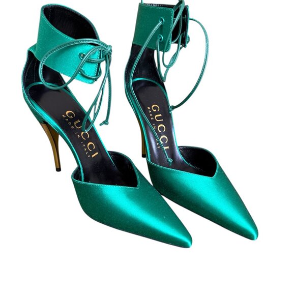 GUCCI 752966 Priscilla Emerald Green Satin Strap Gold Stiletto Heel 36+, US 6.5 - Picture 3 of 16